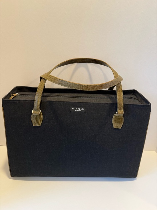 Kate Spade Handbags - Vintage Kate Spade Black Linen Tote with Olive Lizard-Embossed Handles